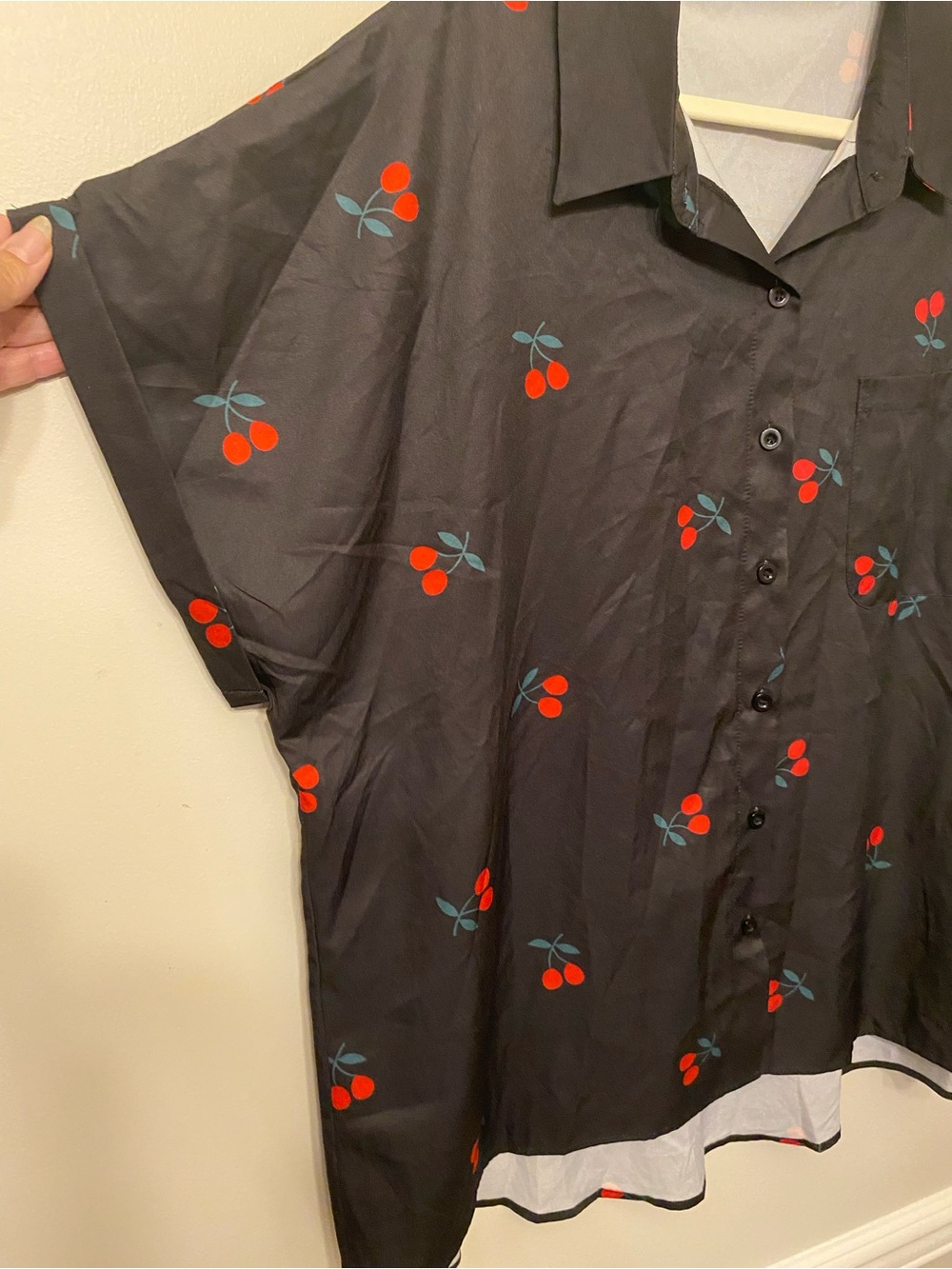 SHEIN Black Short-Sleeve Button-Up Shirt with Red Cherry Print